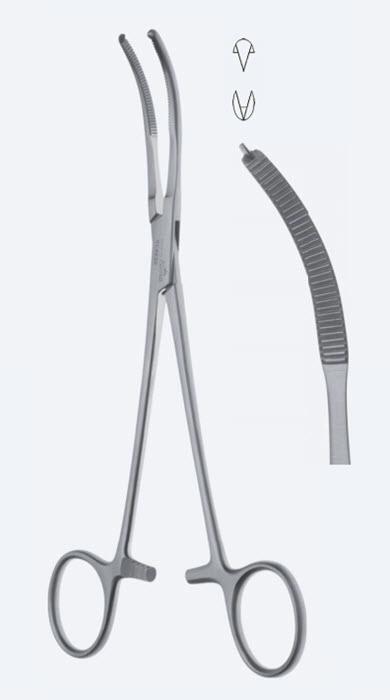 Зажими для черевної порожнини Mikulicz вигнуті, зубчасті щелепи, зубці 2 х 1, з кремальєрою, довжина 205 мм. Бренд - Asanus Medizintechnik Gmb, Німеччина